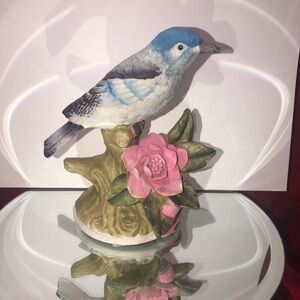 Blue and White Bird Figurine with Pink Flower